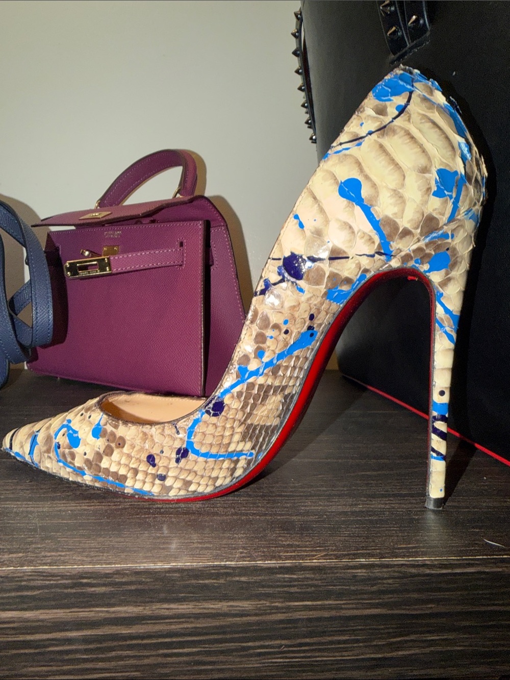 Christian Louboutin So Kste Python Pump with Blue Paint-Splatter